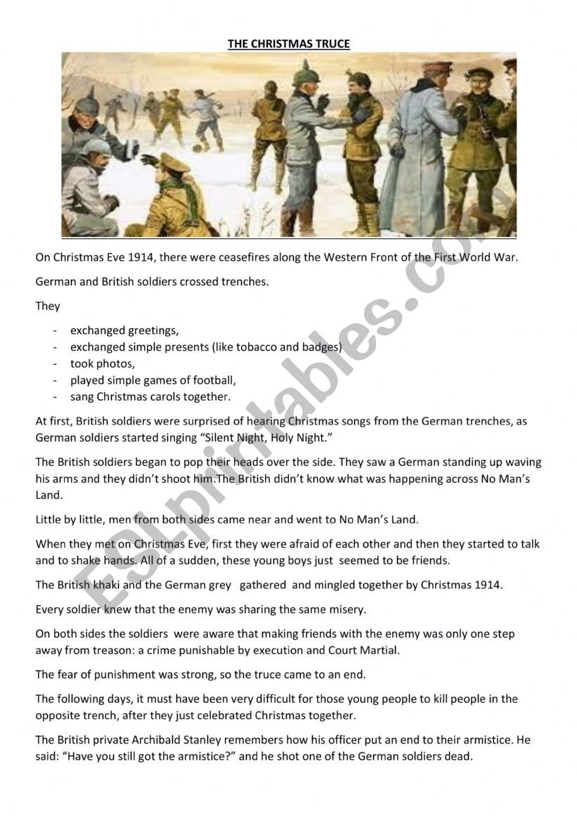 The Christmas Truce - Reading Comprehension - Esl Worksheet inside The Christmas Truce Worksheets