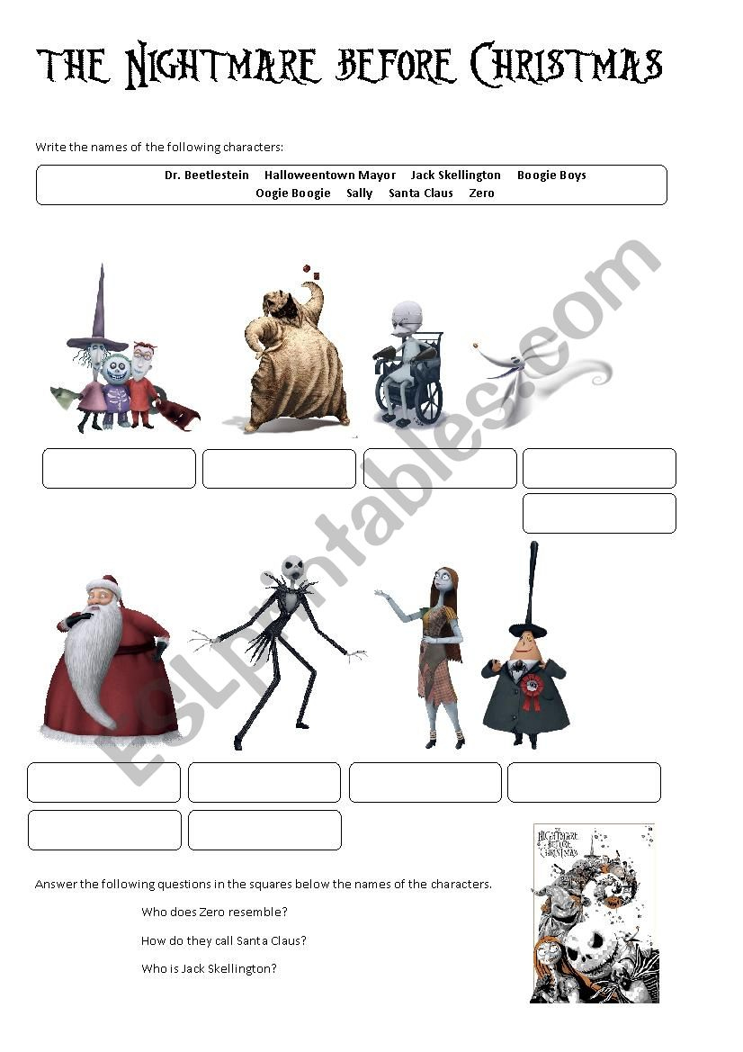 The Nightmare Before Christmas (Characters) - Esl Worksheet throughout The Nightmare Before Christmas Worksheets