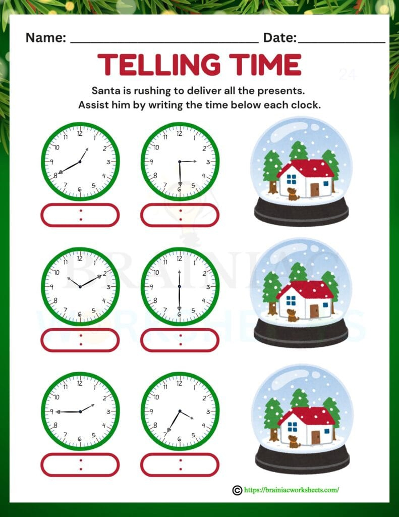Time Telling Christmas Maths Worksheet For Class 4 - Brainiac within Christmas Telling Time Worksheets