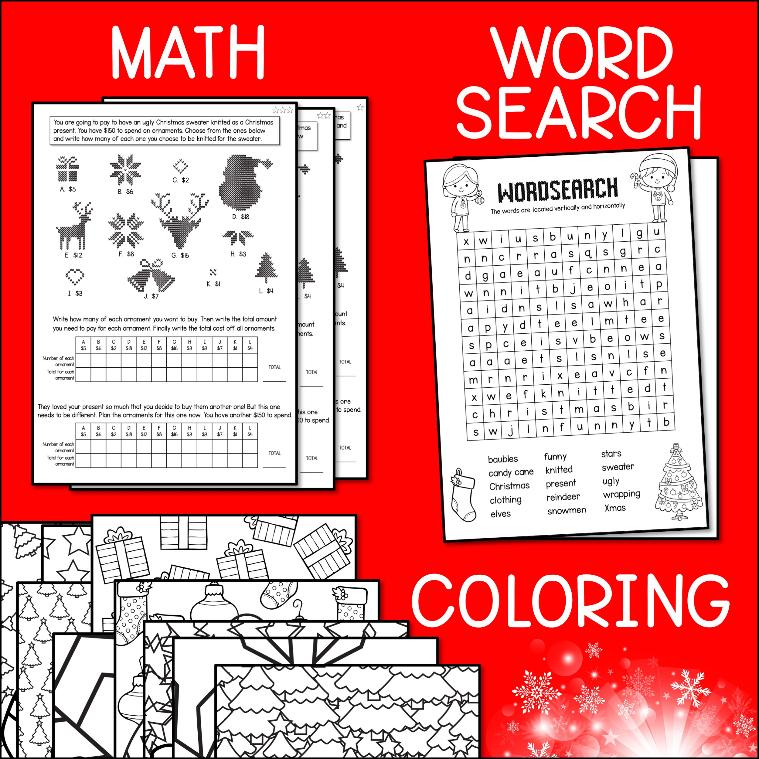 Ugly Christmas Sweater Design, Writing, Maths, Word Search &amp;amp; Colouring  Activities - Australian Teachers Marketplace within Ugly Christmas Sweater Math Worksheets Answers
