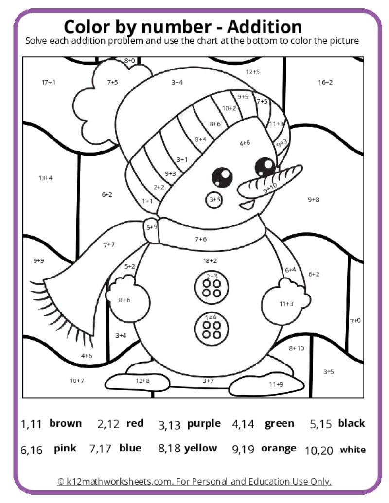 Winter Colornumber Pages - K12 Math Worksheets intended for Color by Number Worksheets Christmas