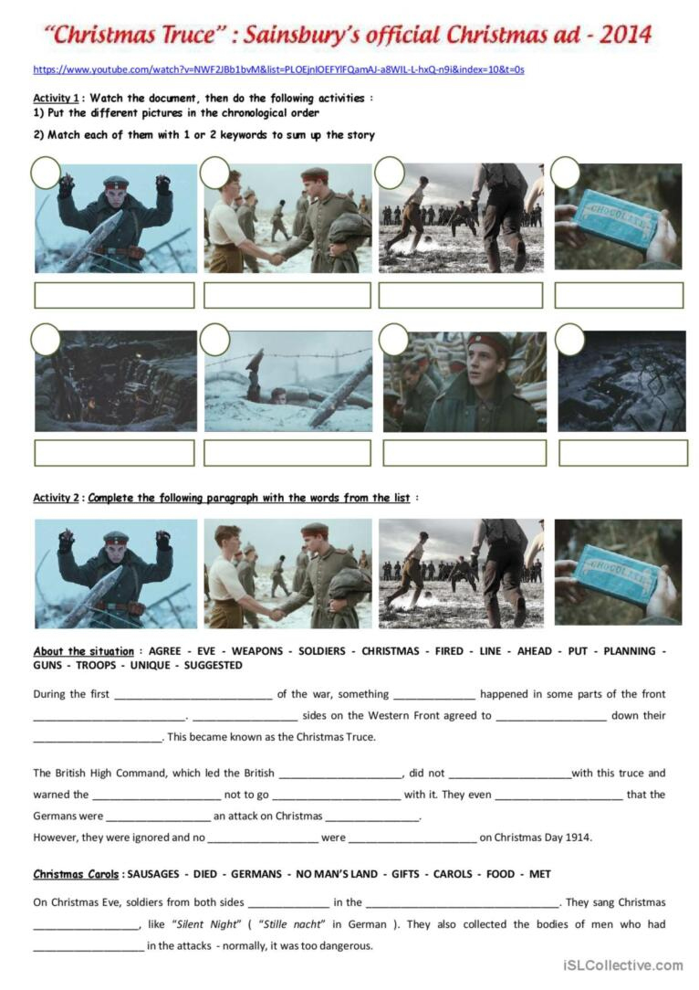 Ww1 : The Christmas Truce ( Sainbury…: English Esl Worksheets Pdf throughout A Christmas Truce Worksheets Answers